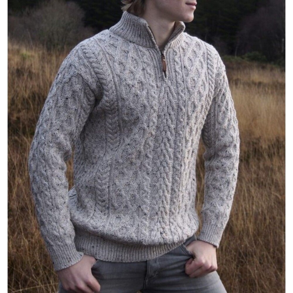 Aran Crafts Men’s Large Donegal 100% Merino Wool Half Zip Sweater Oatmeal Nep